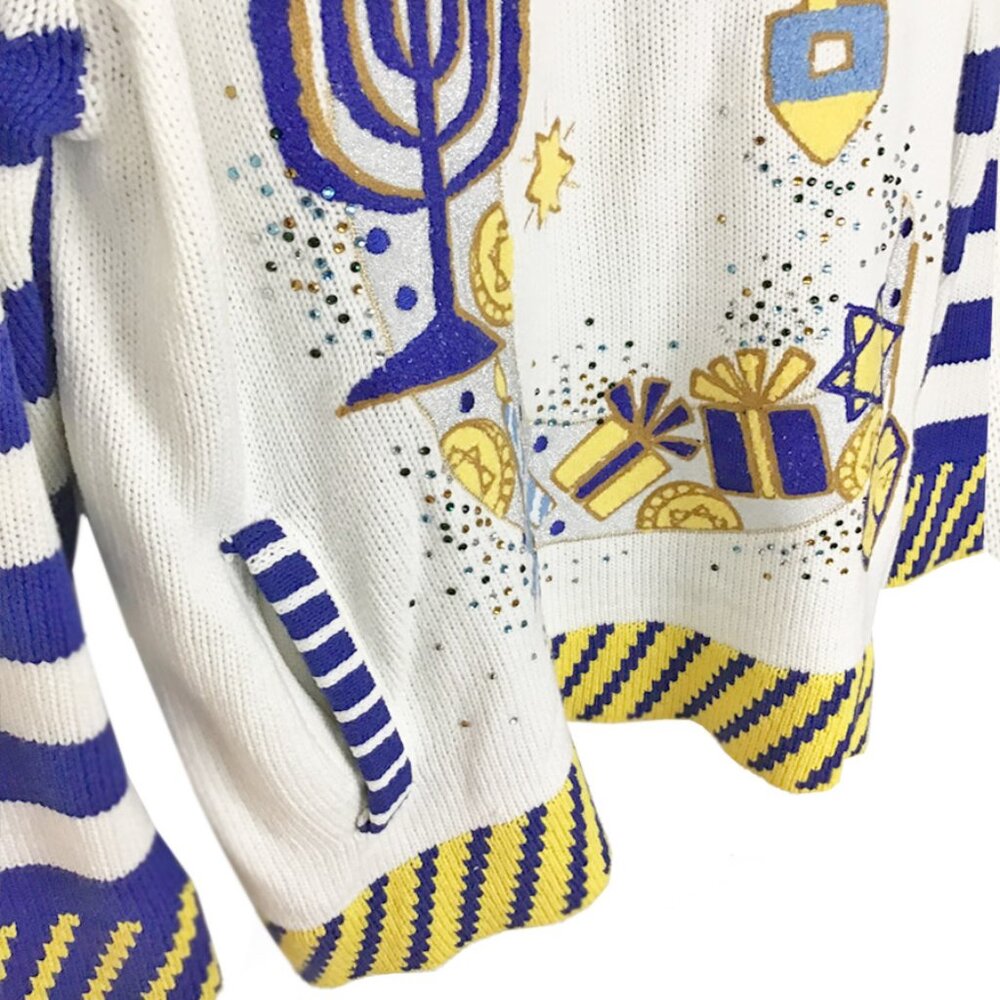 WHOOPI "C" For Chanukah Cotton Blend Crewneck Holiday Christmas Party Sweater - Picture 4 of 10